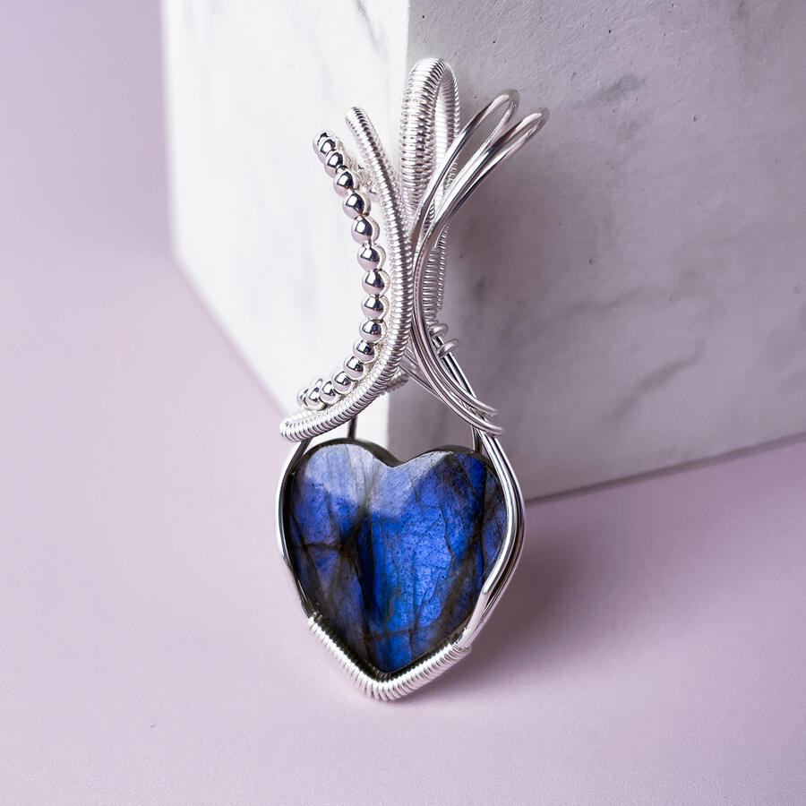 Stone & Spectra handmade blue Labradorite heart pendant in silver wire.