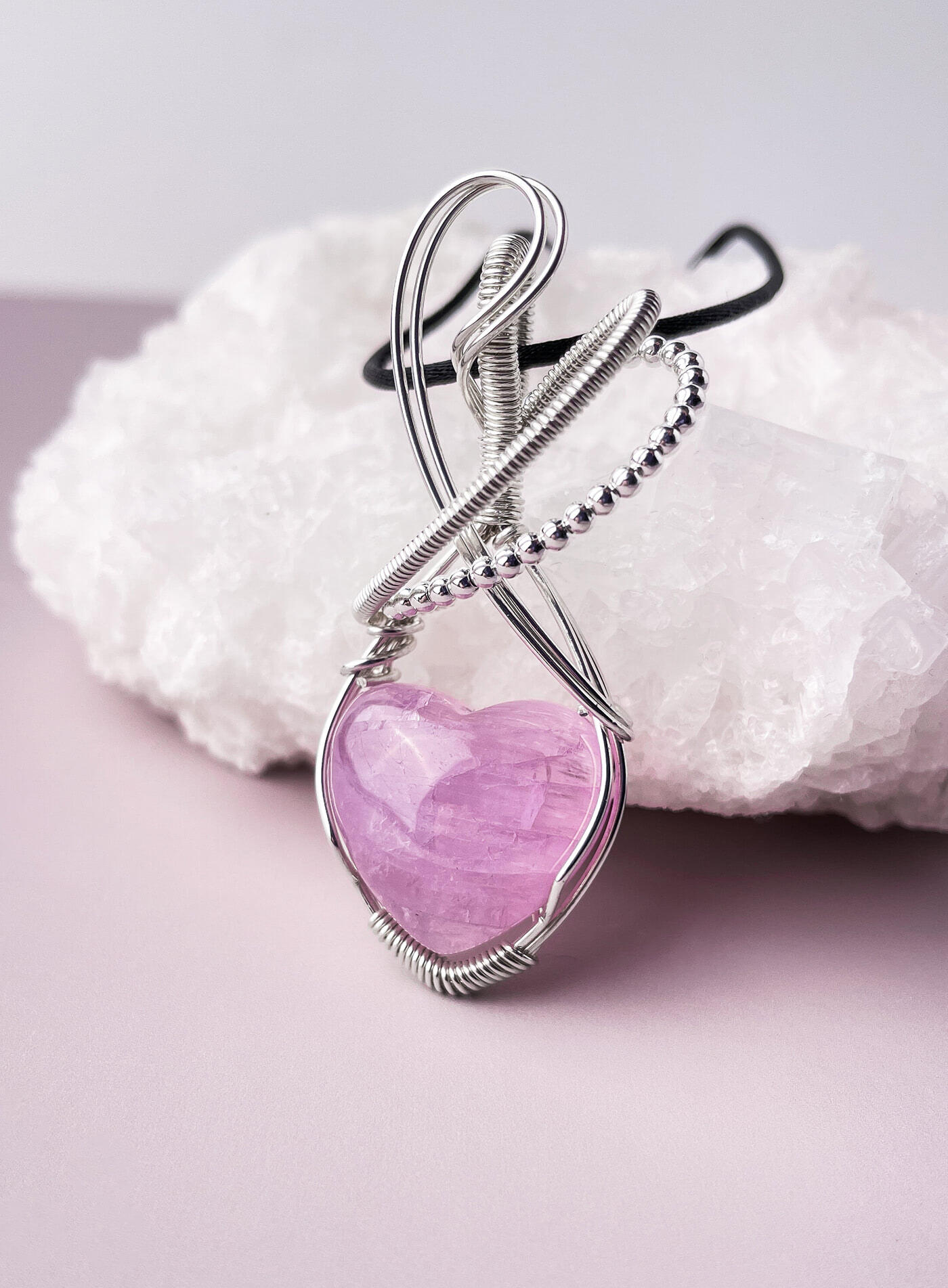 Pink Kunzite crystal heart pendant in silver wire, handmade by Stone & Spectra